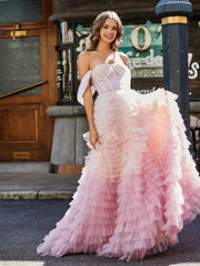 Robe de Soirée Princesse de A-ligne en Tulle avec Traîne Balayage Rose