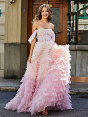 Robe de Soirée Princesse de A-ligne en Tulle avec Traîne Balayage Rose