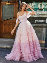 Robe de Soirée Princesse de A-ligne en Tulle avec Traîne Balayage Rose