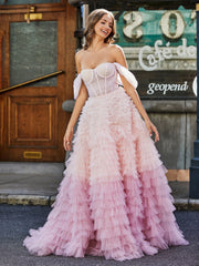 Robe de Soirée Princesse de A-ligne en Tulle avec Traîne Balayage Rose