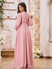 Robe Trapèze en Mousseline à Manches Longues avec Taille Empire et Nœud Rose Poudré