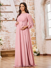 Robe Trapèze en Mousseline à Manches Longues avec Taille Empire et Nœud Rose Poudré