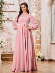 Robe Trapèze en Mousseline à Manches Longues avec Taille Empire et Nœud Rose Poudré