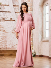Robe Trapèze en Mousseline à Manches Longues avec Taille Empire et Nœud Rose Poudré