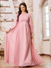 Robe Trapèze en Mousseline à Manches Longues avec Taille Empire et Nœud Rose Poudré