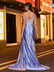 Maxi Robe Froncée à Corset en Diamant avec Fente Haute Lavande