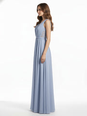 Col En V Mousseline Robes Avec Dentelle Dos Bleu Ciel