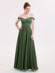 Robe avec Hors de l'épaule Mousseline et Dentelle Empire Olive Verte Grande Taille