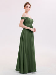 Robe avec Hors de l'épaule Mousseline et Dentelle Empire Olive Verte