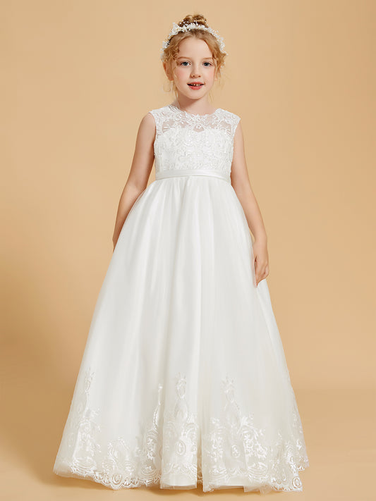 Robe de Fille en Tulle et Dentelle Brodée Longueur au Sol
