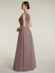 Illusion Col En V Tulle Robes Longues Dusk