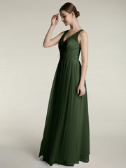 Illusion Col En V Tulle Robes Longues Olive Verte Grande Taille