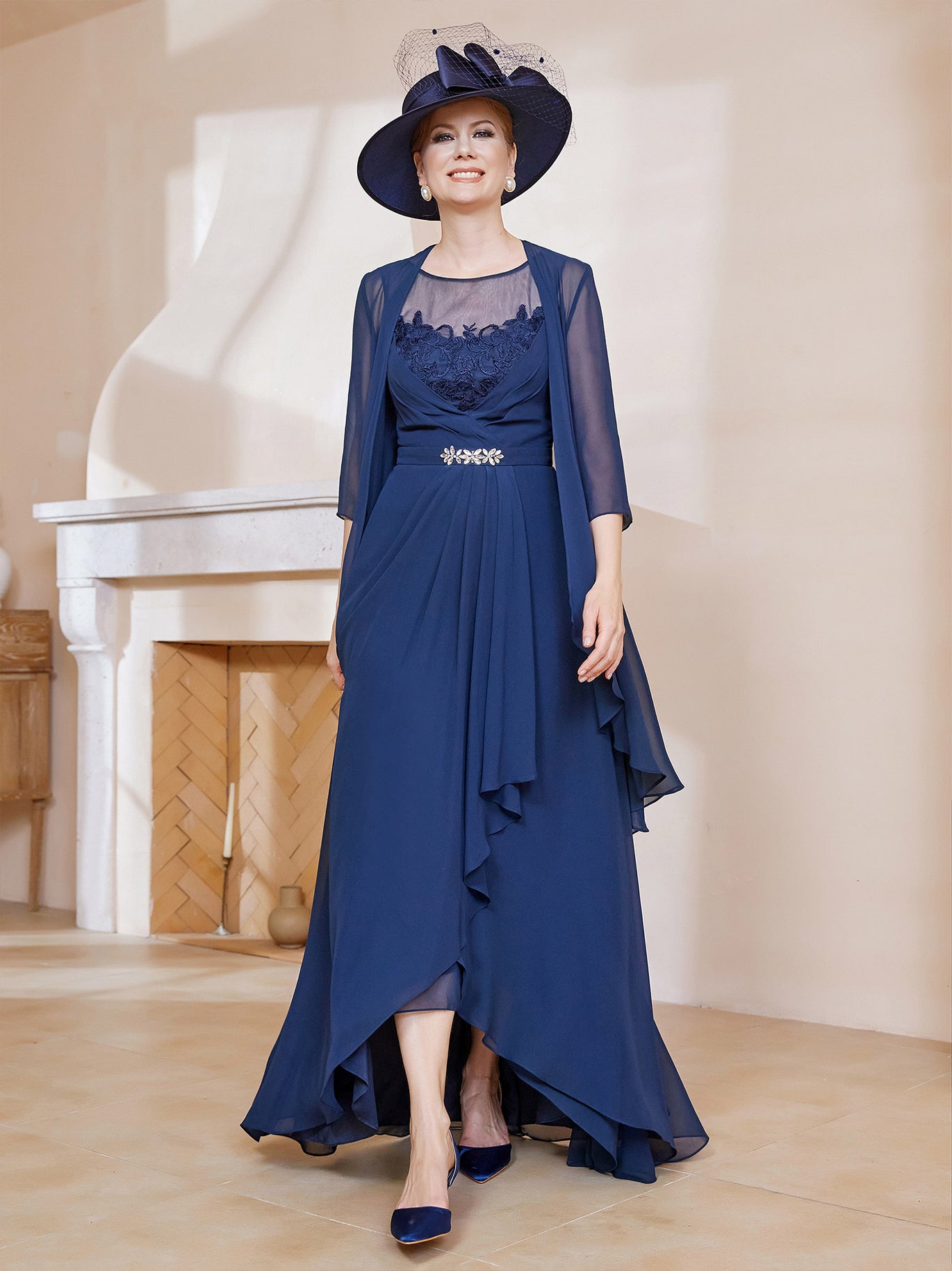 Robe en Mousseline à Col Illusion avec Veste Bleu Marine – BABARONI FR