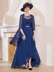 Robe en Mousseline à Col Illusion avec Veste Bleu Marine