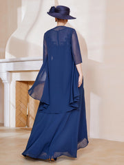 Robe en Mousseline à Col Illusion avec Veste Bleu Marine Grande Taille