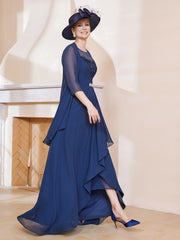 Robe en Mousseline à Col Illusion avec Veste Bleu Marine