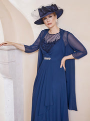 Robe en Mousseline à Col Illusion avec Veste Bleu Marine