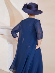 Robe en Mousseline à Col Illusion avec Veste Bleu Marine Grande Taille