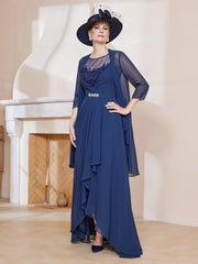 Robe en Mousseline à Col Illusion avec Veste Bleu Marine