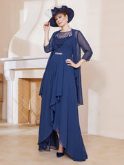 Robe en Mousseline à Col Illusion avec Veste Bleu Marine Grande Taille