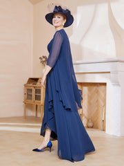 Robe en Mousseline à Col Illusion avec Veste Bleu Marine