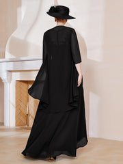 Robe en Mousseline à Col Illusion avec Veste Noir Grande Taille