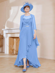 Robe en Mousseline à Col Illusion avec Veste Bleu