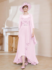 Robe en Mousseline à Col Illusion avec Veste Rose Pâle