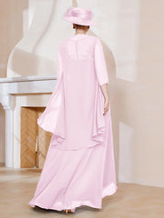 Robe en Mousseline à Col Illusion avec Veste Rose Pâle Grande Taille