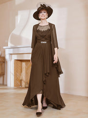 Robe en Mousseline à Col Illusion avec Veste Brun