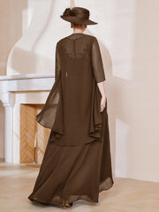 Robe en Mousseline à Col Illusion avec Veste Brun