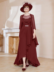 Robe en Mousseline à Col Illusion avec Veste Bordeaux Grande Taille