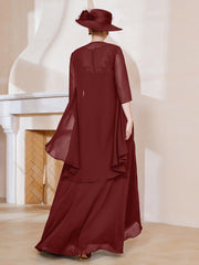 Robe en Mousseline à Col Illusion avec Veste Bordeaux Grande Taille