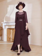 Robe en Mousseline à Col Illusion avec Veste Cabernet Grande Taille