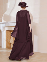 Robe en Mousseline à Col Illusion avec Veste Cabernet