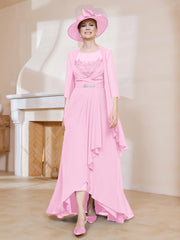 Robe en Mousseline à Col Illusion avec Veste Rose Bonbon
