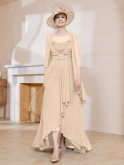 Robe en Mousseline à Col Illusion avec Veste Champagne