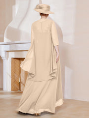 Robe en Mousseline à Col Illusion avec Veste Champagne Grande Taille