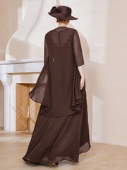 Robe en Mousseline à Col Illusion avec Veste Chocolat Grande Taille