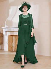 Robe en Mousseline à Col Illusion avec Veste Vert Foncé