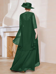 Robe en Mousseline à Col Illusion avec Veste Vert Foncé Grande Taille