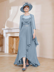 Robe en Mousseline à Col Illusion avec Veste Bleu Poudré Grande Taille