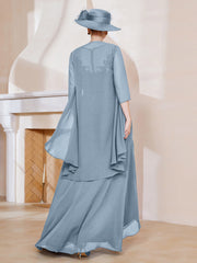 Robe en Mousseline à Col Illusion avec Veste Bleu Poudré Grande Taille