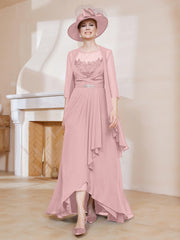 Robe en Mousseline à Col Illusion avec Veste Rose Poudré