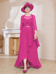 Robe en Mousseline à Col Illusion avec Veste Fuchsia Grande Taille