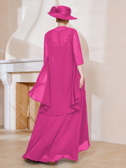 Robe en Mousseline à Col Illusion avec Veste Fuchsia