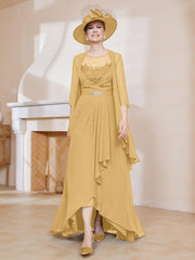 Robe en Mousseline à Col Illusion avec Veste Or Grande Taille
