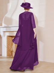 Robe en Mousseline à Col Illusion avec Veste Raisin