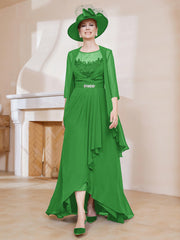 Robe en Mousseline à Col Illusion avec Veste Vert Grande Taille