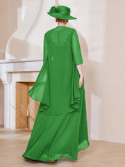 Robe en Mousseline à Col Illusion avec Veste Vert